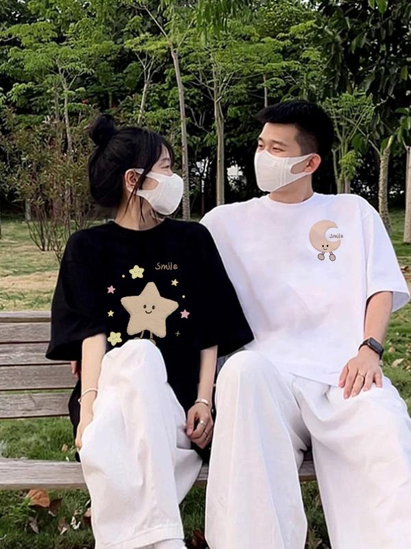 Cặp đôi áo sơ mi ngắn tay T mùa hè cặp đôi phù hợp với vòng cổ in áo 1