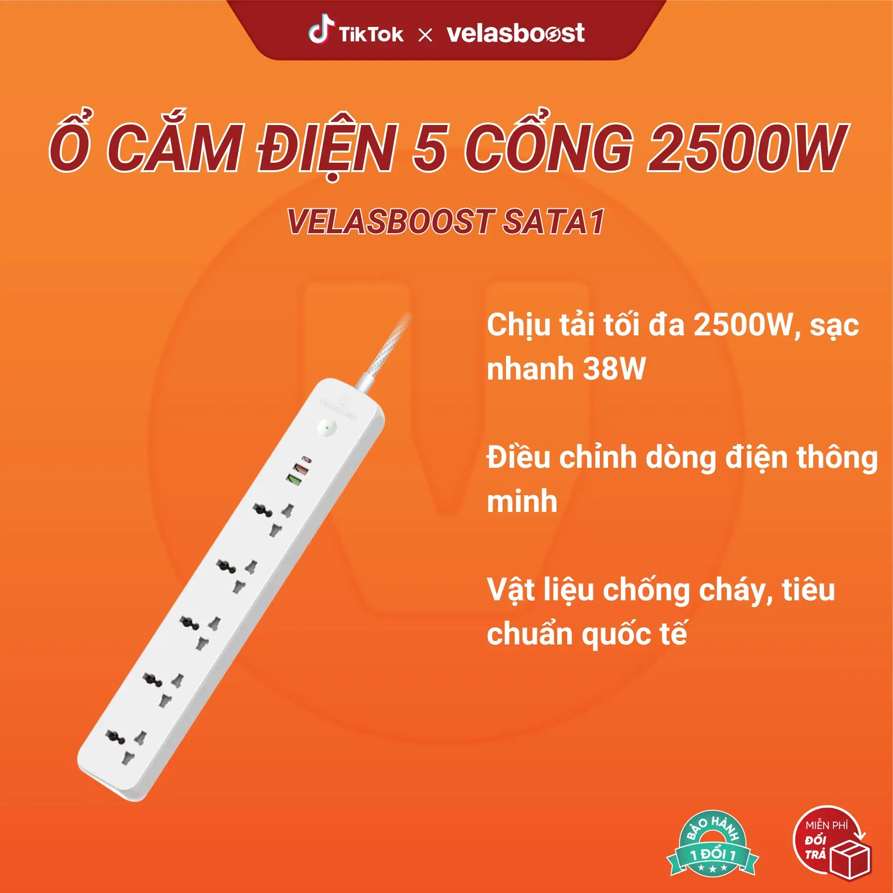 Ổ cắm điện đa năng velasboost SATA1, Chịu tải tối đa 2500W, Tiêu chuẩn quốc tế, Vật liệu chống cháy, Chống giật, Chống đoản nhiệt, Bảo hành lỗi 1 đổi 1 trong 2 năm