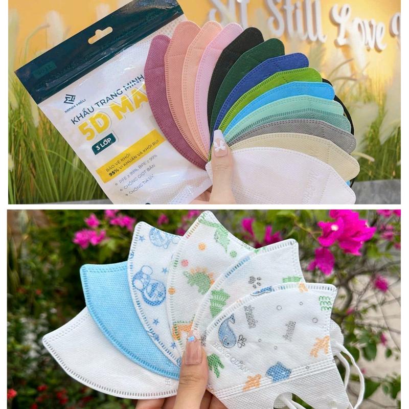 Combo 500 Chiếc Trẻ em + Người Lớn Khẩu Trang 5D Minh Hiếu Túi Zip Dày dặn quai đeo chắc chắn Đủ màu Unisex