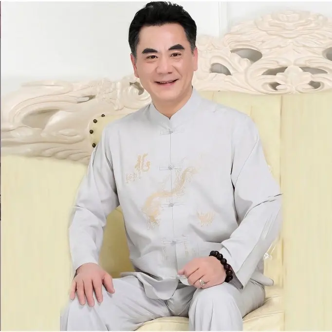Bộ lụa cho bố trung niên Tay dài Polyester mặc bốn mùa