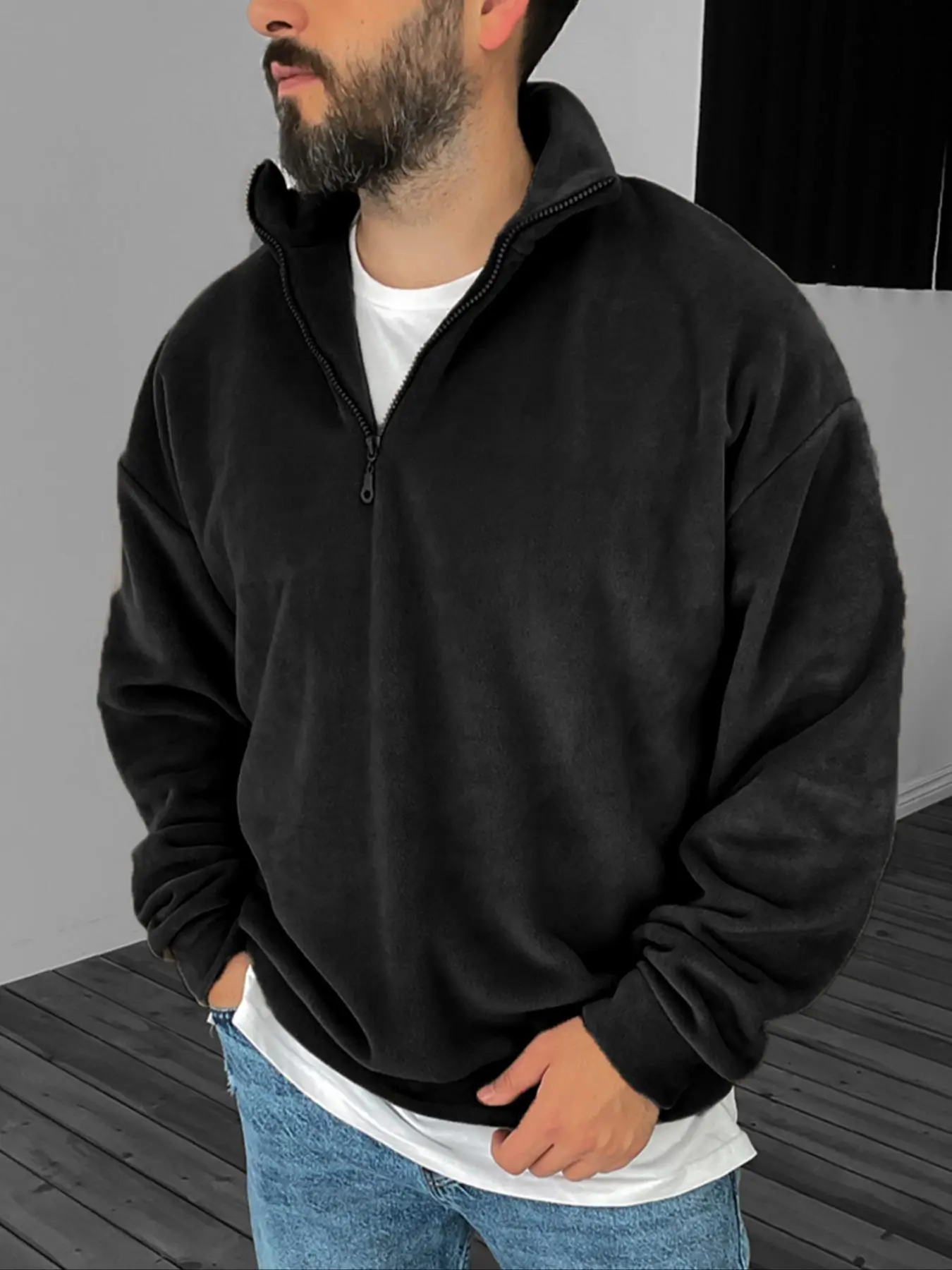 Men's Solid Half Zip Up Sweatshirt, Casual Loose Long Sleeve Pullover for Spring & Fall, Fashion Men's Top for Daily Wear