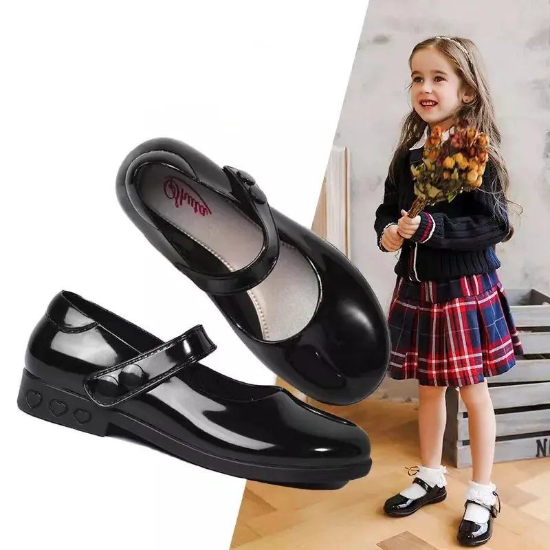【E&S】Girl fashion black Lolita shoes thick button glossy style school shoes for girl kids