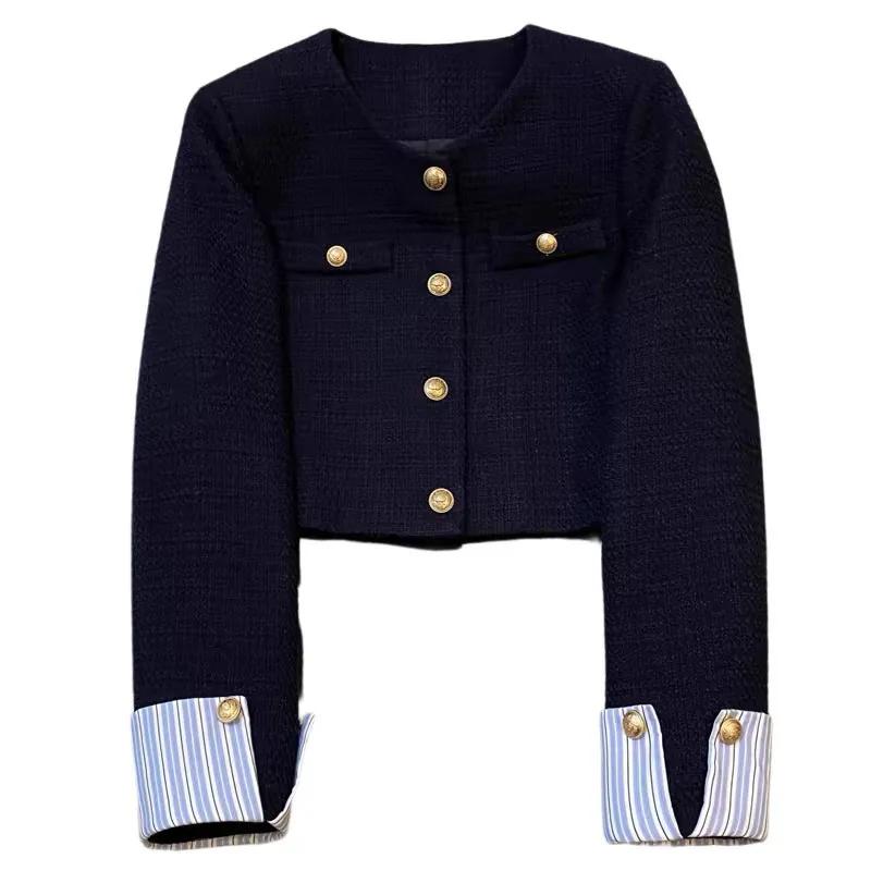 Áo Khoác Vest, Màu Xanh Navy, Dành Cho Nữ, Hàng Mới Về Mùa Thu 2024, Thiết Kế Khâu Thời Trang Pháp, Phong Cách Nữ Thần Thanh Lịch, Áo 4