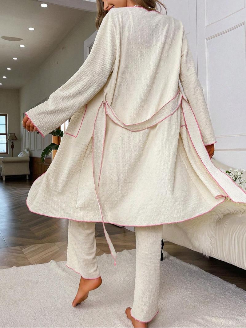 Product Introduction of Women's Contrast Binding Belted Lounge Robe & Cami Top & Drawstring Pants Loungewear Set, Casual Comfy Long Sleeve Dressing Gown & Camisole & Trousers Pj Set, Ladies Sleepwear for Spring & Fall 2