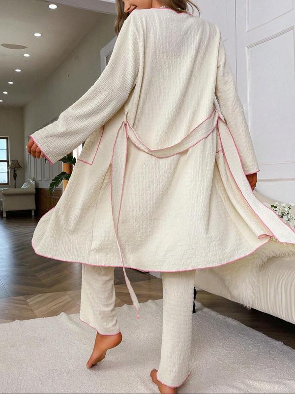 Women's Contrast Binding Belted Lounge Robe & Cami Top & Drawstring Pants Loungewear Set, Casual Comfy Long Sleeve Dressing Gown & Camisole & Trousers Pj Set, Ladies Sleepwear for Spring & Fall 1