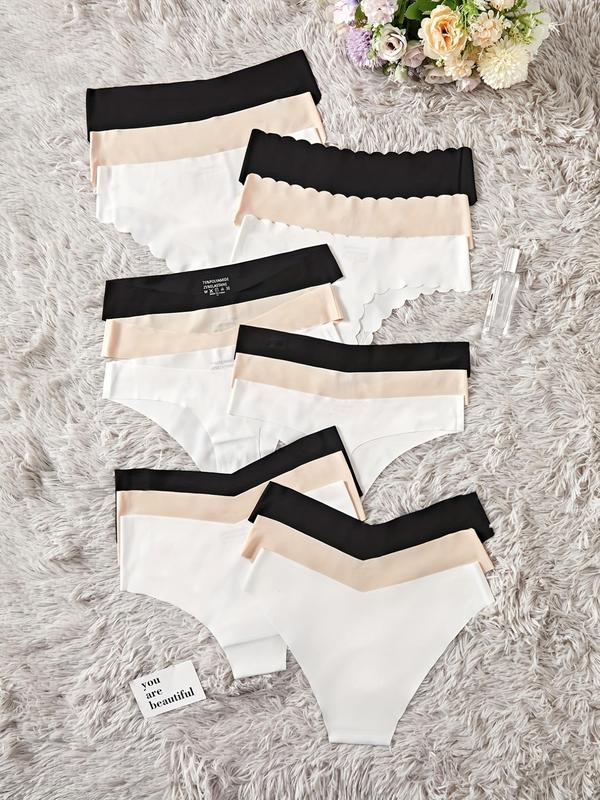 Women's 18pcs Solid Scallop Trim & V-shaped Waist Nylon Thong, Soft Comfy Breathable Seamless Knicker for Daily Wear, Summer Wear 2024, Underwear for All Seasons 4