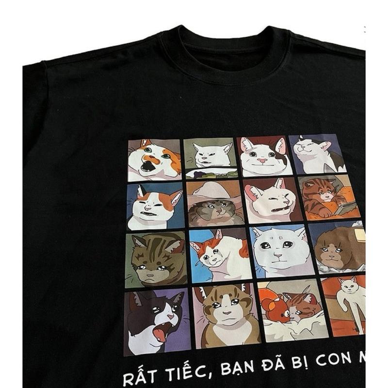 Áo Thun Tay Lỡ Nam Nữ Cotton Unisex , Áo Phông Cổ Tròn Hài Hước Form Rộng Basic Oversize 6S 2024 - Meme Cat