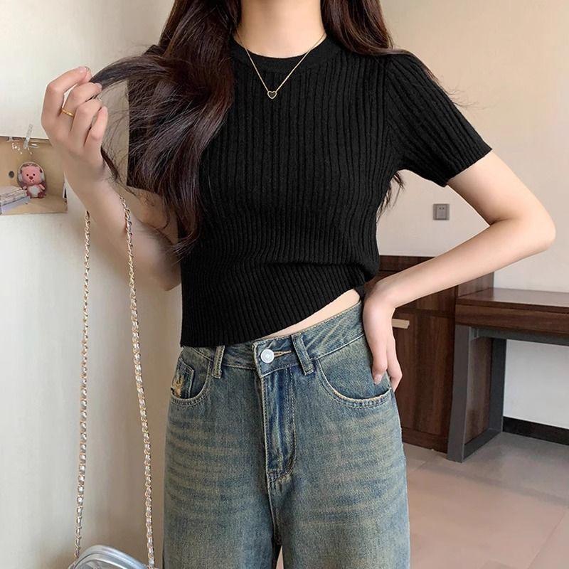 Áo Thun Len, Màu Trắng, Vai Và Tay Ngắn, Dành Cho Nữ, Hàng Mới Về Xuân / Hè, Cổ Tròn, Bó Sát Eo, Mỏng Vừa Vặn, Áo Bên Trong Ngắn Cô Gái Nóng Bỏng 6