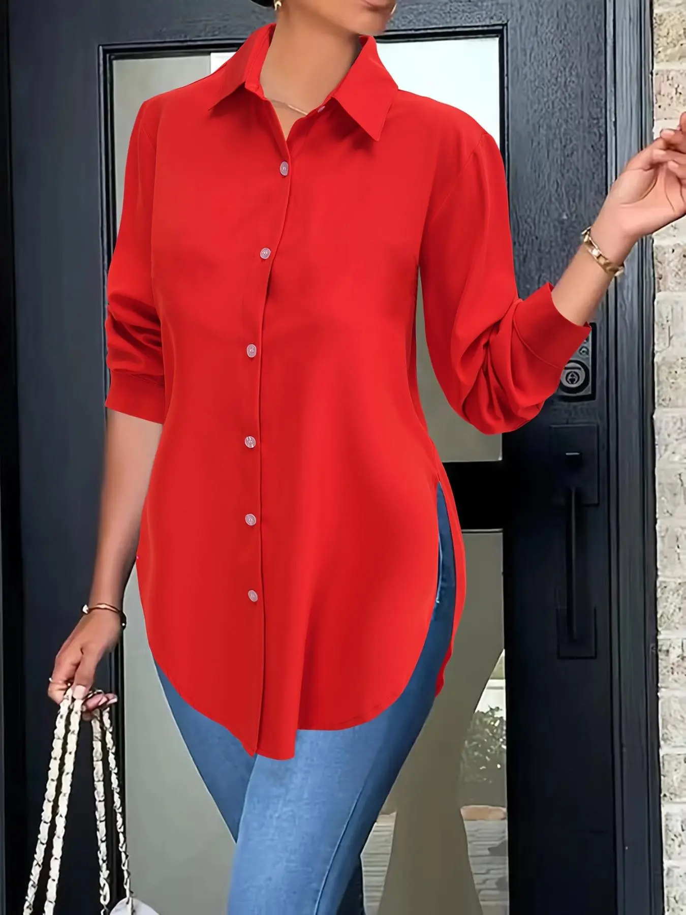 Women's Plain Button Front Shirt, Casual Curved Hem Long Sleeve Collared Top for Spring & Fall, Ladies Clothes for Daily Wear