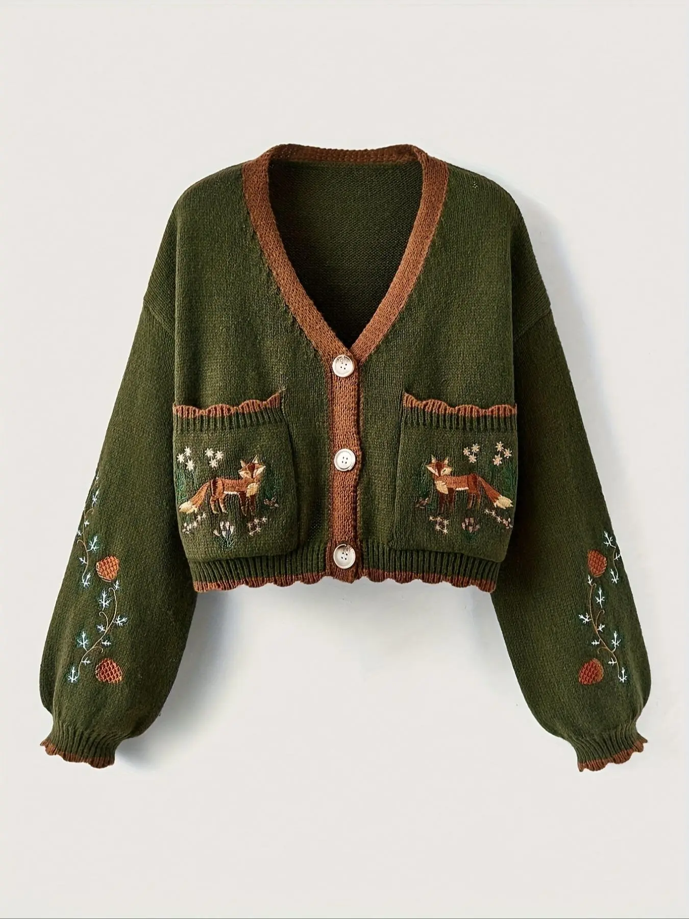 Women's Animal Embroidery Button Cardigan, Casual Long Sleeve V Neck Knitwear for Daily Wear, Ladies Clothes for Spring