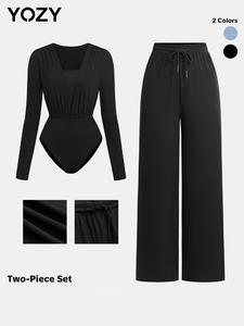 YOZY Women's Solid Square Neck Bodysuit & Drawstring Waist Pants Two-piece Set, Casual Fashion Cozy Two Piece Outfits for Daily Outdoor Wear, Ladies Clothes for All Seasons, Tummy Flattering, Womenswear