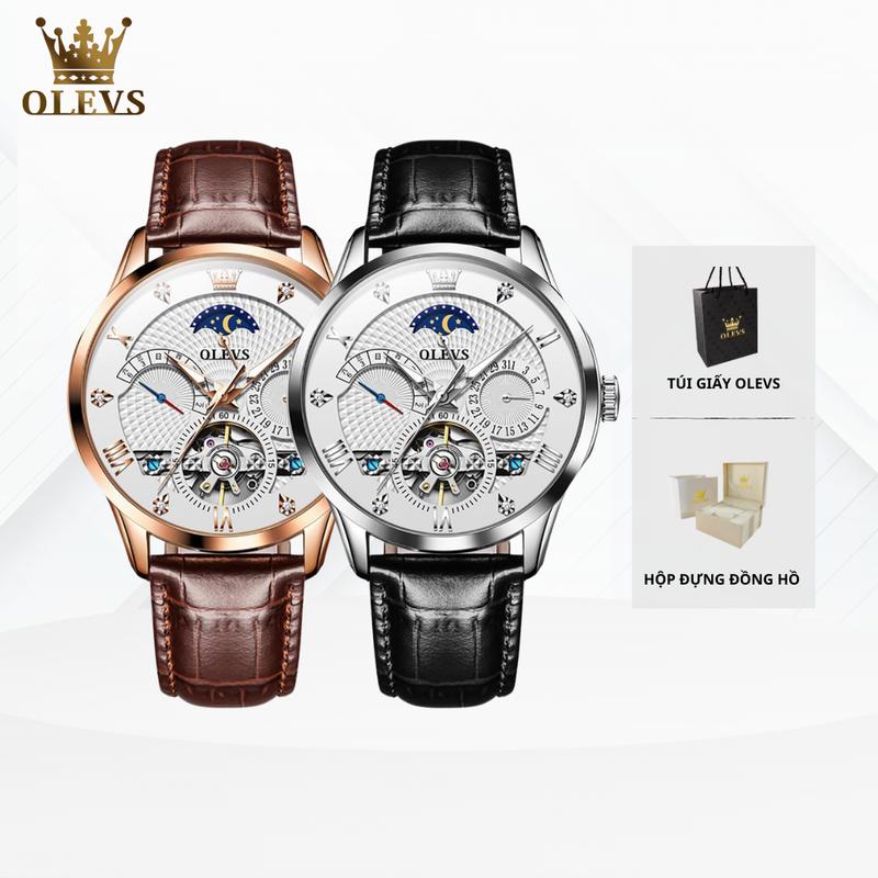 (TẶNG TÚI GIẤY OLEVS ) Đồng Hồ Cơ Nam OLEVS 6652 Chính Hãng Cao Cấp Chống Nước  Dây Da Thật Thời Trang Tự Động Mặt Trăng Mặt Trời Lịch Phù Hợp Dành Cho Nam Mặc Dự Tiệc và Sự Kiện Quan Trọng Size 40MM