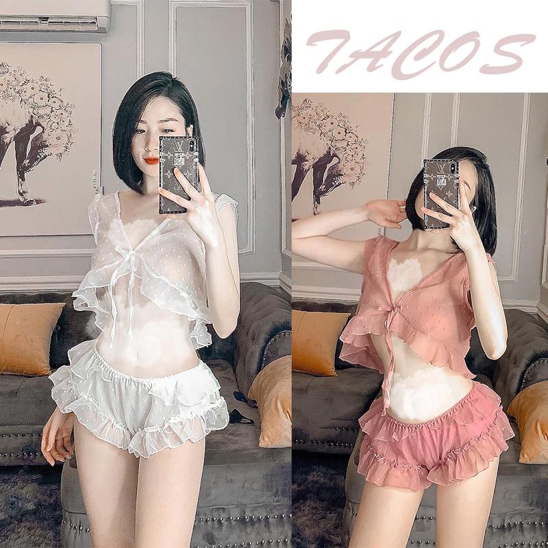 HT34 Bộ áo và quần ngủ sexy voan mềm mại hoạ tiết chấm bi dễ thương dây cài Nữ