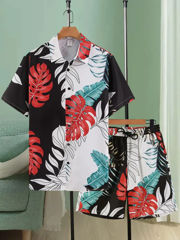 Two-Piece Set Men's All Over Print Short Sleeve Shirt & Shorts Set, Regular Fit Casual Button Front Collared Top & Shorts, Summer Clothes Set for Men 1