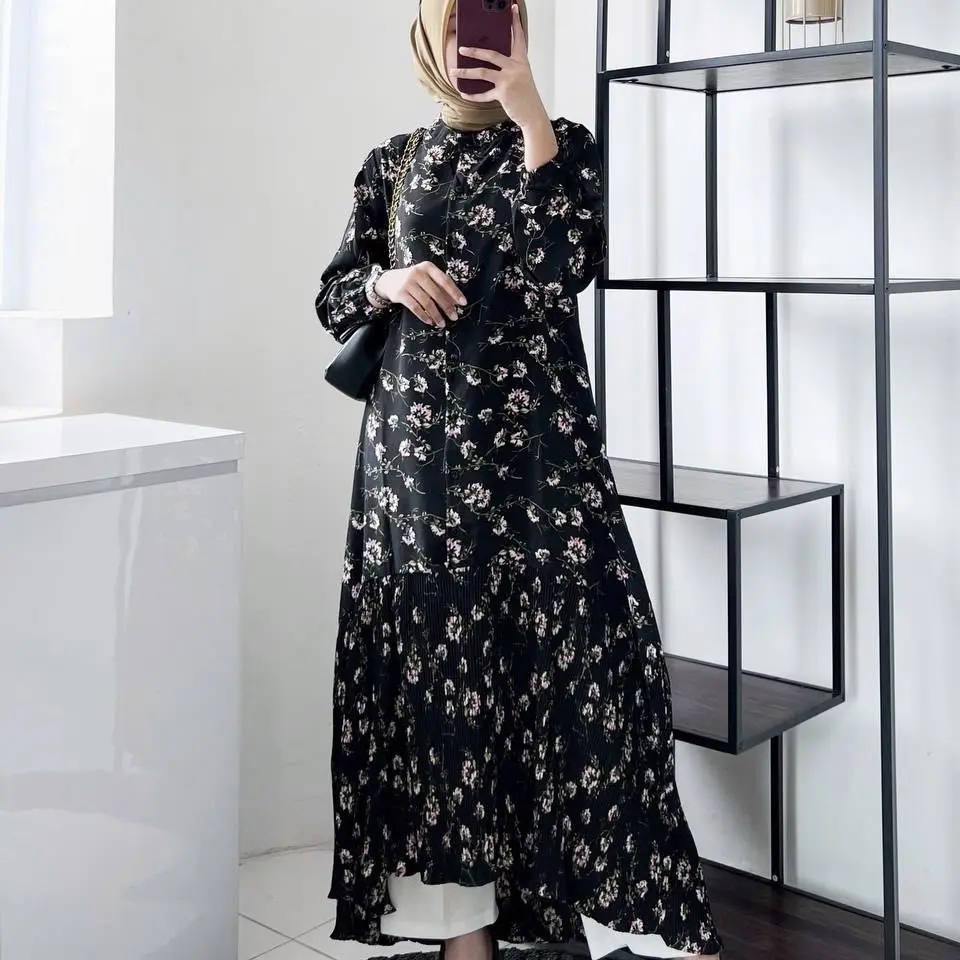 ALOVA DRESS BLACK Hitam Muslim Nyaman Panjang Wanita Kancing Gamis
