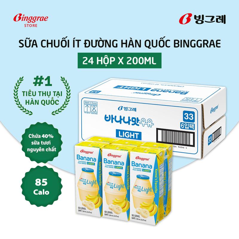 Thùng Sữa Chuối Ít Đường Hàn Quốc Binggrae Banana Low Sugar Milk 200ml x 24 hộp
