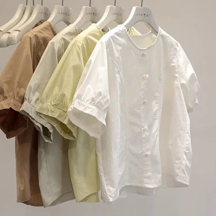 Áo Sơ Mi Cotton Nguyên Chất Phong Cách Pháp, Thanh Lịch, Cổ Tròn Phồng, Tay Ngắn, Áo Mùa Hè, Dáng Rộng Vừa Vặn Mới, Dễ Phối Đồ, Áo Bó Sát Cổ