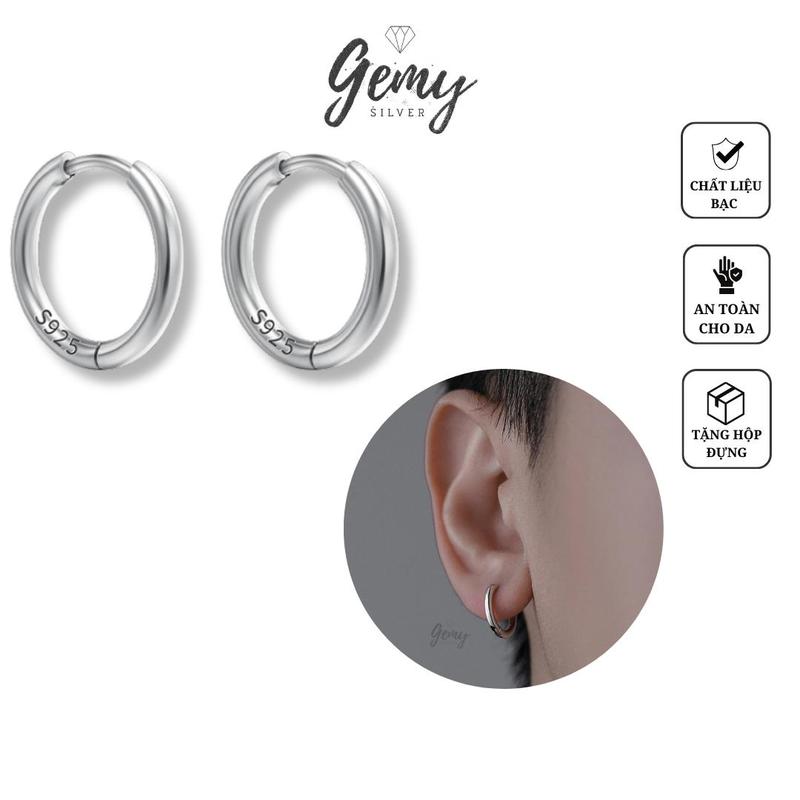 Khuyên tai tròn nam bạc 925 trơn nhiều size màu bạc mạ vàng xi đen (1 chiếc) | GEMY SILVER KN96