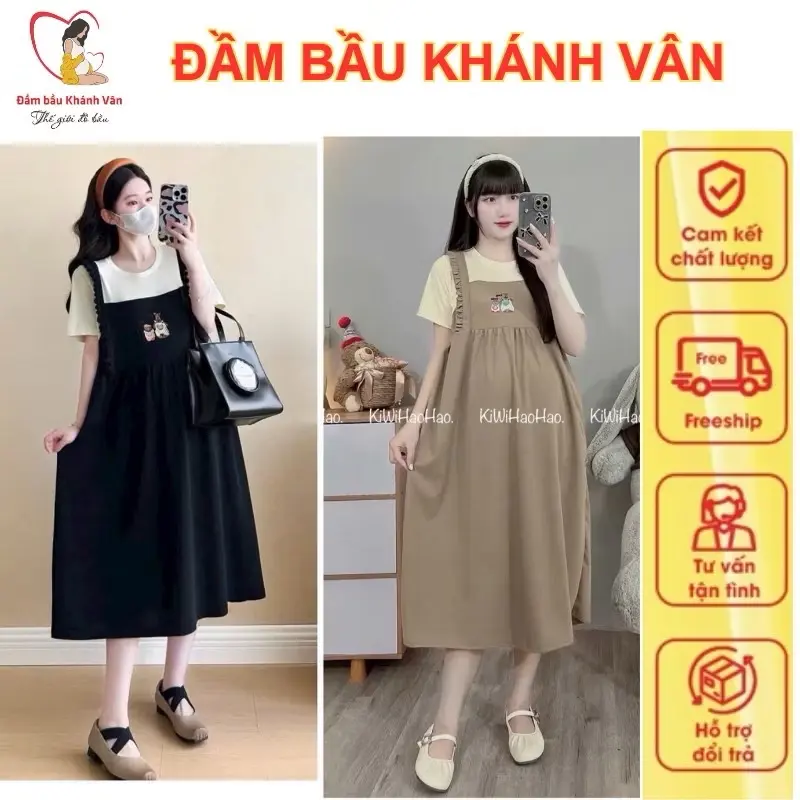 Váy bầu đầm bầu, yếm bầu xinh, đầm bầu cộc tay chất thun tổ ong thêu hình cực xinh cho nàng mặc bầu và sau sinh