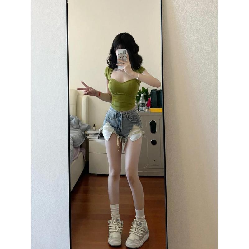 Quần Jean Rách Phong Cách Retro Mỹ Tinh Khiết Cho Nữ, Quần Ống Rộng Eo Thon Cao Cho Bé Gái Nóng Bỏng, Quần Short Thường Ngày Gợi Cảm, Mùa Hè, Women Denim，quần jean rách eo cao khoe dáng chân dài，phong cách Hàn Quốc 2