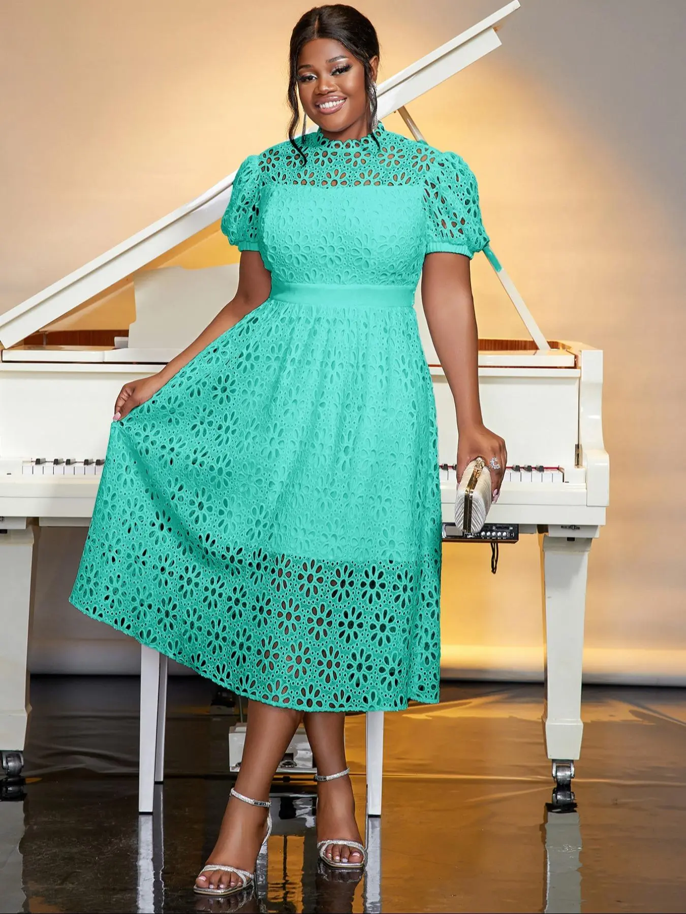 【Plus Size】 Lace Bubble Sleeve Dress, Elegant Dress for Party Holiday Wedding Guest, Women's Clothes for All Seasons, Summer Dresses 2025