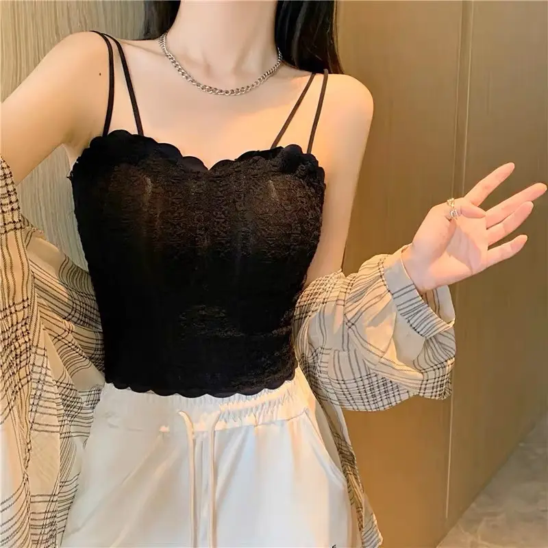 Áo Hai Dây Quây Có Mút Ngực Phối Ren Quảng Châu 8841 Viền Ren Top Nữ Women màu Đen Trắng Da