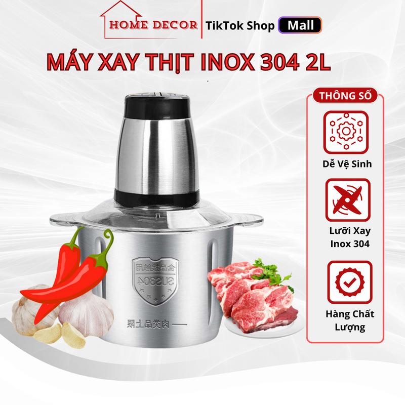 Máy Xay Thịt Cối Inox 304 Cầm Tay, Máy Xay Tỏi Ớt Cá Rau Củ Quả Sinh Tố 4 Lưỡi Đa Năng Công Suất 250W