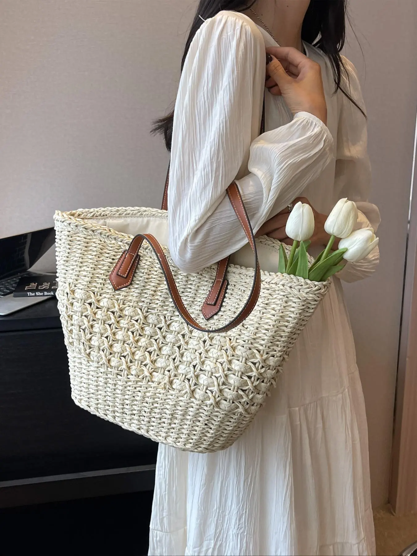 Women's Fashionable Straw Tote Bag, Large Capacity Shoulder Bag for Women & Girls, Casual Trendy Versatile High-quality Daily Commuting Bag, Girl Shopping Bag