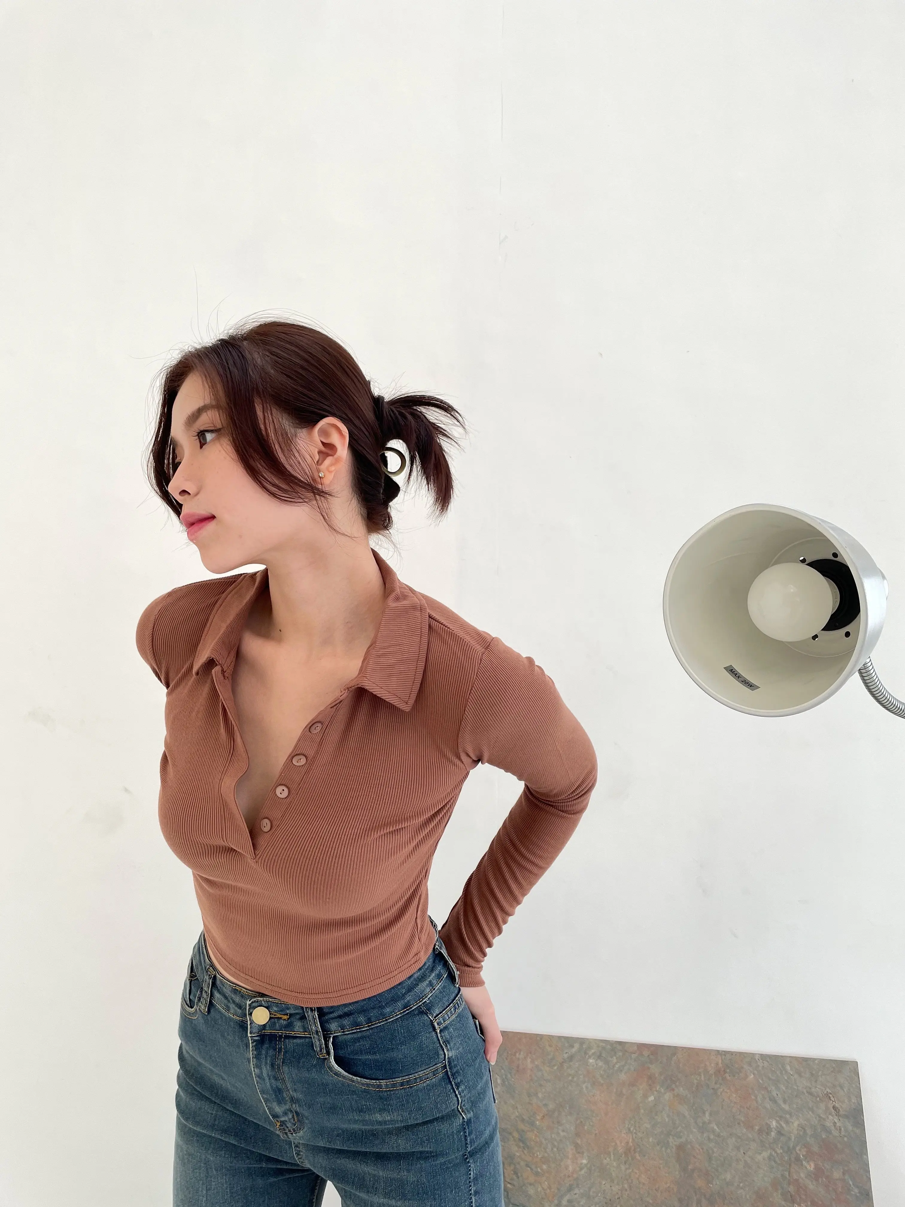 Atasan Wanita Lengan Panjang - Yumi Button Long sleeve Simple Rib Top Casual Light Dark