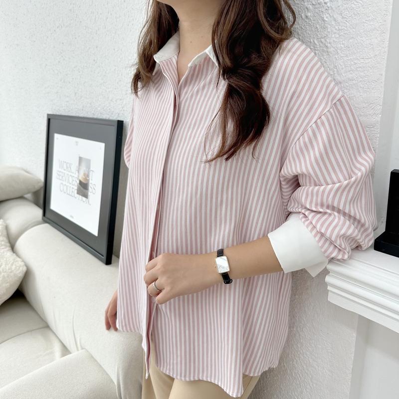 Áo sơ mi Nữ kẻ sọc phối cổ trắng chất thô đũi cotton dáng oversize Women Shirt 4
