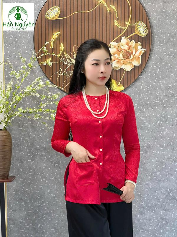 Hân Nguyễn Áo Bà Ba - B.A107 - Áo Lẻ Bà Ba Gấm Có Túi Tay Dài Cổ Tròn Hoa Cúc Nhí Nữ Top Women Sơ Mi