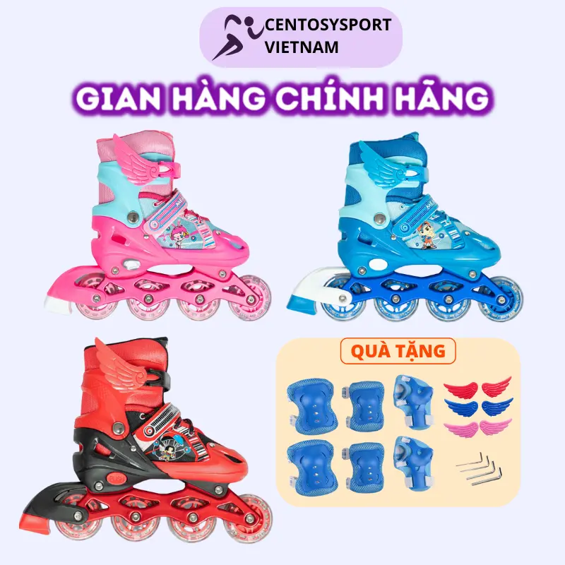 Giày Patin Trẻ Em Measin Tặng Bảo Hộ Chân Tay- Có Đèn Bánh, Form Chắc Chắn, Phanh Chân An Toàn