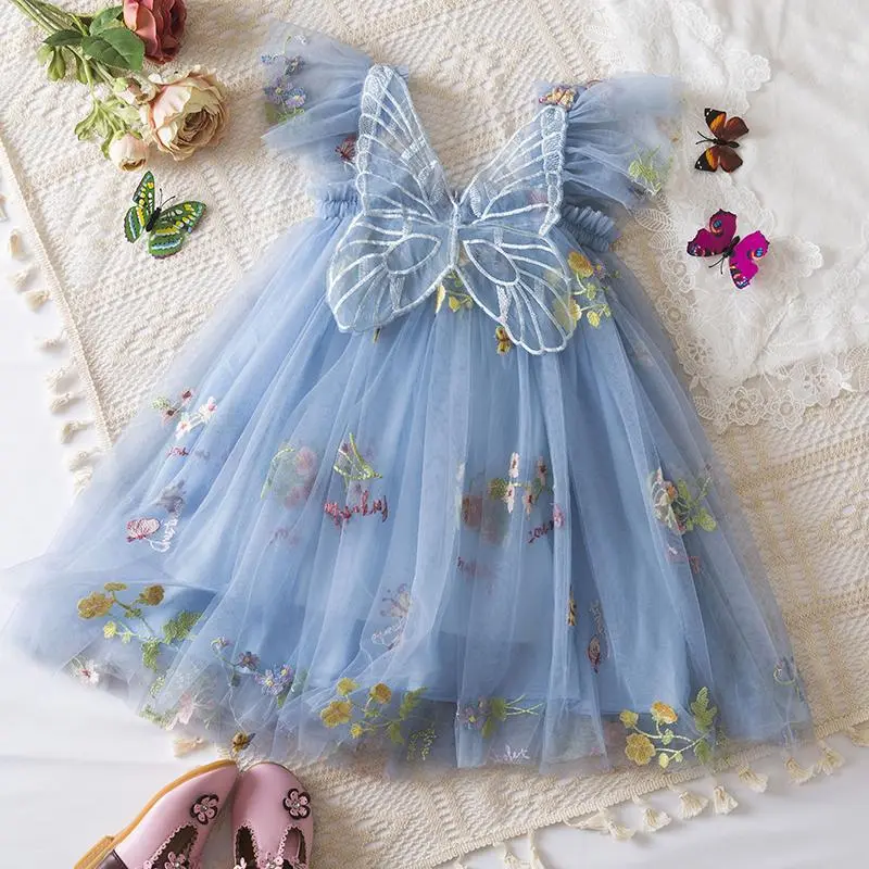 Butterfly Dress for Kids Girls 1-5 Years Ruffles Sweet Summer Mesh Dress Flower Embroidery Birthday Party Princess Dresses with Butterfly 6