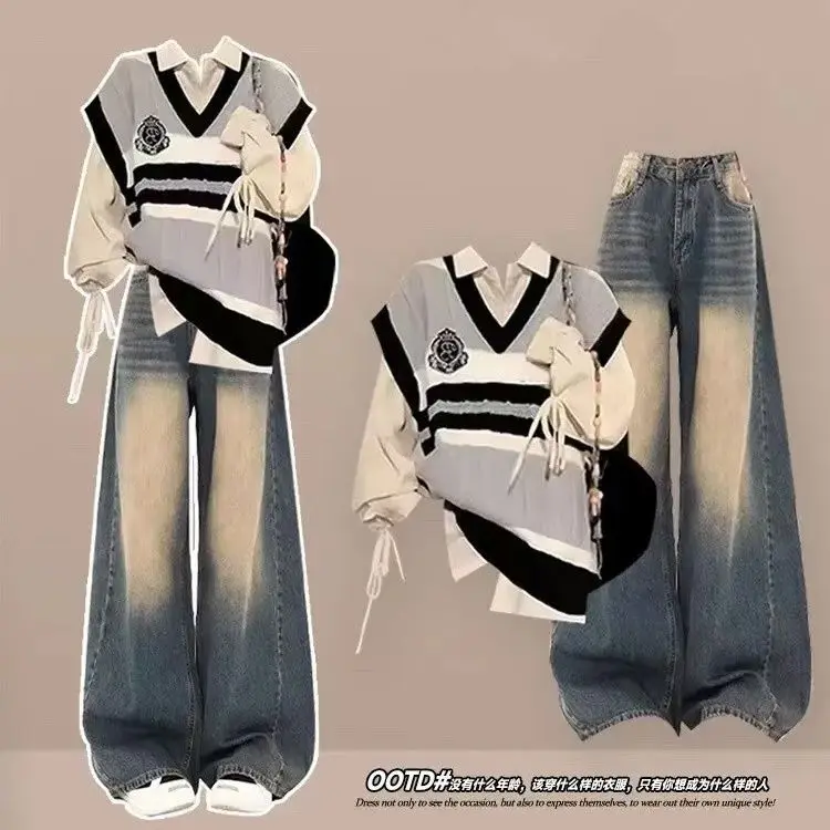 Bộ Đồ Phong Cách Hàn Quốc, Quần Áo Dopamine, Bộ Sưu Tập Thu Đông, Phong Cách Preppy Mới, Áo Sơ Mi Ren Màu Tương Phản, Dành Cho Nữ, Mỏng Vừa Vặn, 101250.00G