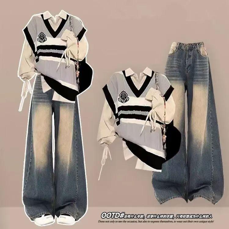 Product Introduction of Trang Phục Dopamine, Bộ Đồ Hai Mảnh, Phong Cách Hàn Quốc, Áo Vest Màu Tương Phản Phong Cách Preppy Mới Thu / Đông Cho Nữ, Áo Sơ Mi Buộc Dây Women Top 1