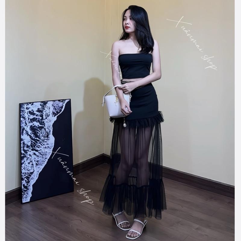 SET CHÂN VÁY PHỐI BÈO LƯỚI KÈM ÁO QUÂY chất thun UMI dáng dài xoè XuânMai shop