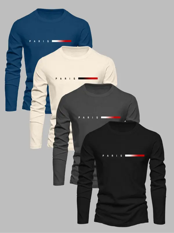Men's Solid Color Round Neck Long Sleeve Sweatshirt, 4 Counts/set Casual Crew Neck Pullover for Fall & Winter, Men's Clothes for Daily Wear 6