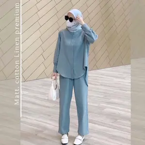 Sandara setelan/sabrina setelan/setelan linen rami/setelan polos/READY STOCK Baju Celana Kancing Muslim Wanita Kulot Dewasa Katun Panjang