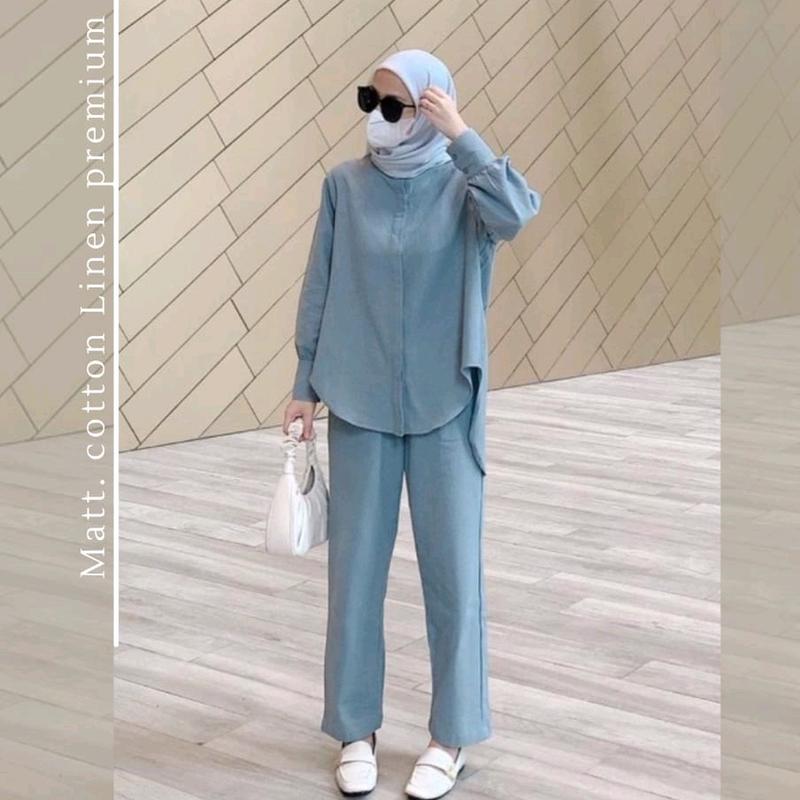 Sandara setelan/sabrina setelan/setelan linen rami/setelan polos/READY STOCK Baju Celana Kancing Muslim Wanita Kulot Dewasa Katun Panjang 0