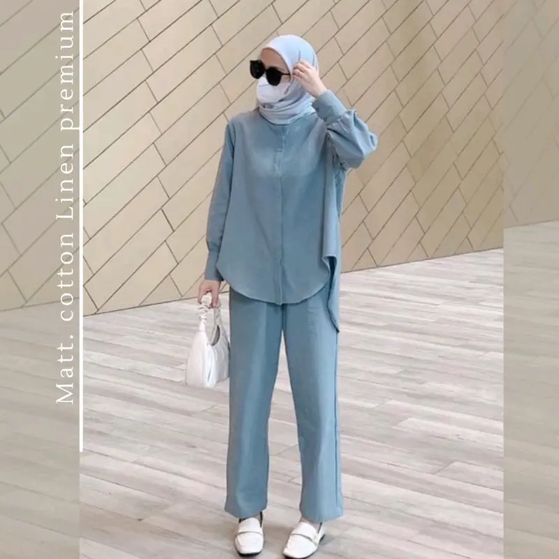 Sandara setelan/sabrina setelan/setelan linen rami/setelan polos/READY STOCK Baju Celana Kancing Muslim Wanita Kulot Dewasa Katun Panjang 0