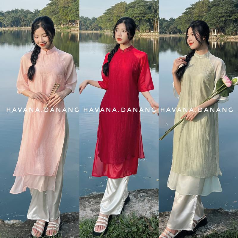  Áo dài cách tân nữ lụa đũi 4 tà tay lửng kèm quần HAVANA AD32 
