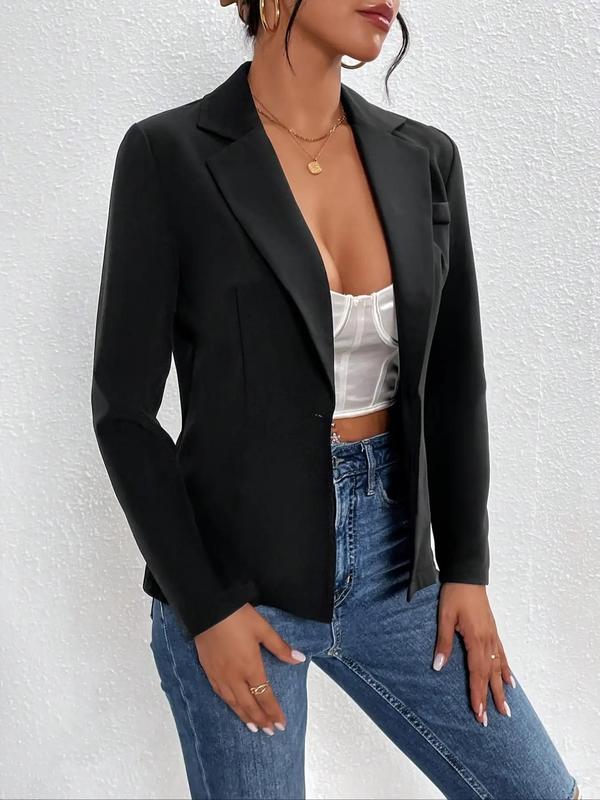 Women's Solid Button Front Blazer, Long Sleeve Lapel Neckline Blazer, Women's Clothing for Work Office Business 5