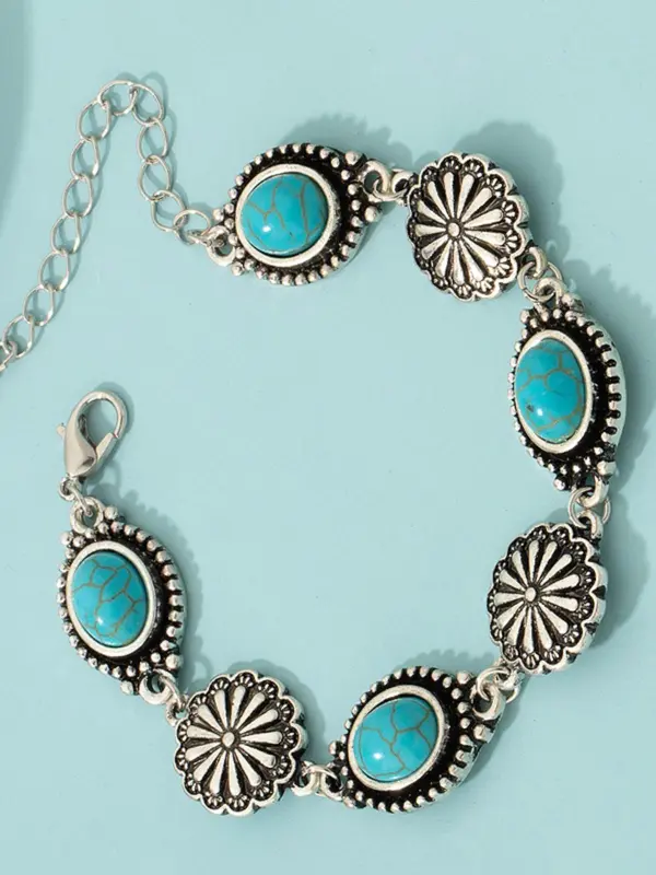 Boho Style Turquoise Texture Decorated Link Bracelet, Fashion Alloy Jewelry for Women & Girls, Style for Party, Daily Clothing Decor, Birthday Gift 5