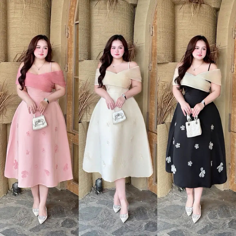 Đầm trễ vai hoa chân chất tafta 55-90kg(QN bigsize)đứng phom không giãn Nữ Nhung Women Dress