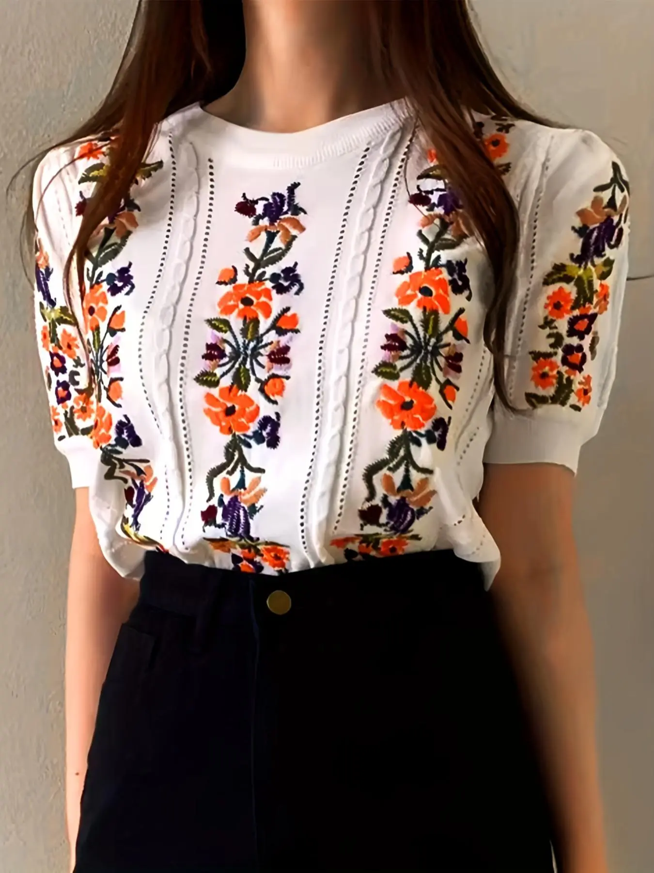 Women's Floral Embroidery Puff Sleeve Knit Top, Casual Hollow Out Short Sleeve Knitwear for Summer, Fashion Women's Knit Clothing for Daily Wear, Womenswear