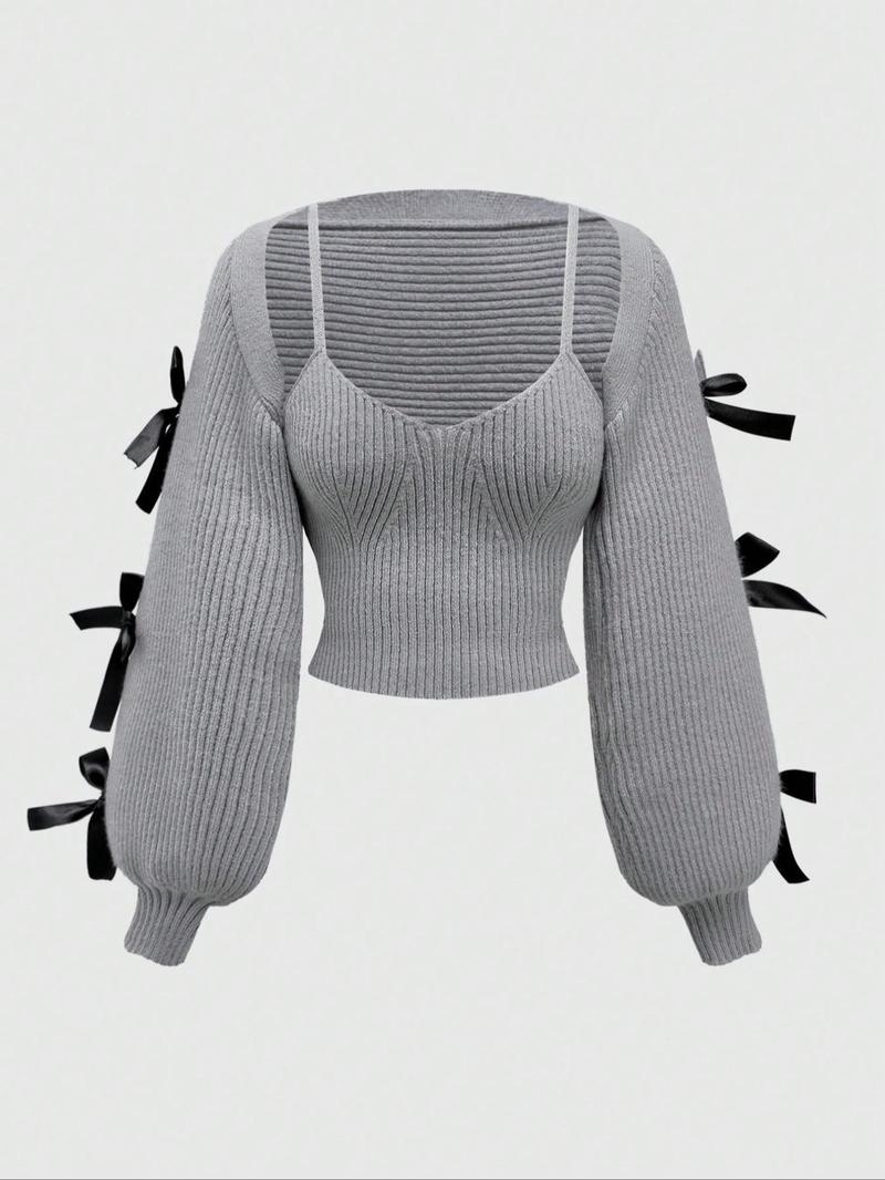 Product Introduction of Women's Solid Ribbed Cami Top & Bow Decor Long Sleeve Crop Cardigan Two-Piece Set, Casual Fashion Knitwear Set for Daily Outdoor Wear, Women Knitwear for Spring & Fall 2