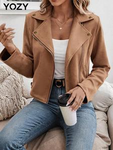 YOZY Women's Solid Button Pocket Zip Up Lapel Neck Coat, Casual Long Sleeve Outerwear for Fall & Winter, Ladies Clothes for Daily Wear