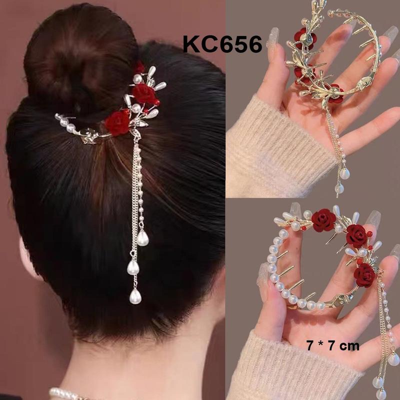  GOTI Kẹp Tóc Dạng Vòng Phối Tua Rua Hạt Hình 3 Hoa Hồng Đỏ Cực Xinh - Phụ Kiện Quà Tặng Nữ  Thời Trang 20-10 8-3 KC656 