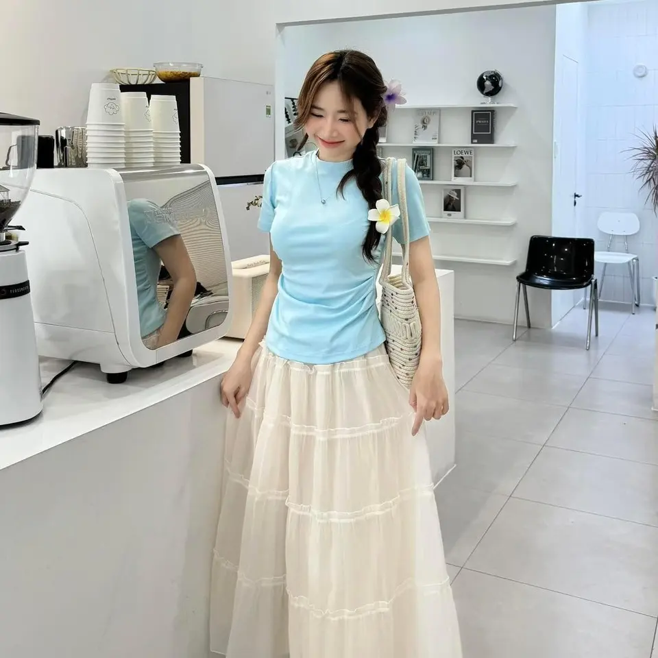Set Áo Pull Xanh Trơn + Chân Váy Dài Trắng Xòe