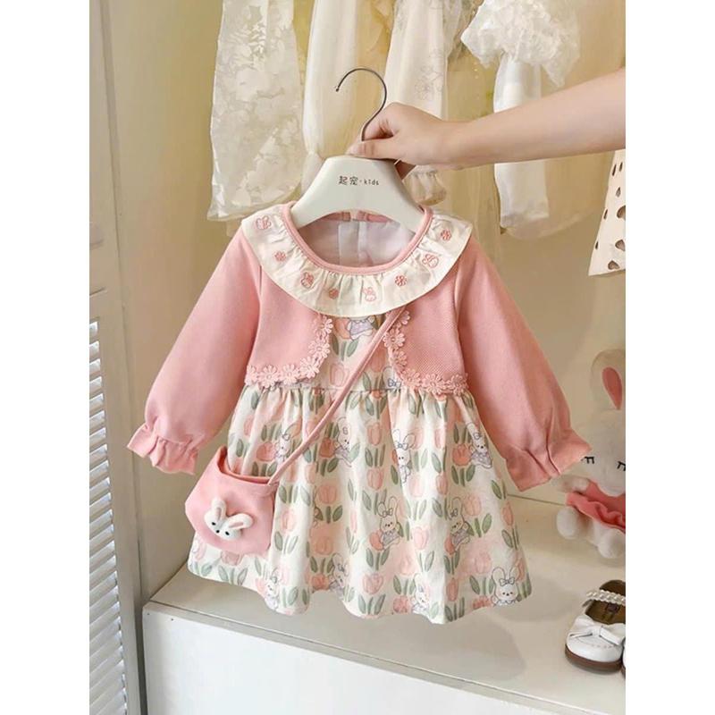 [ KÈM TÚI ] Set Váy Rời Kèm Áo Cardigan Cổ Bèo Thêu Thỏ Xinh Yêu Cho Bé Gái Mặc Thu Đông - Lana Kids - V030 - Tăng Size